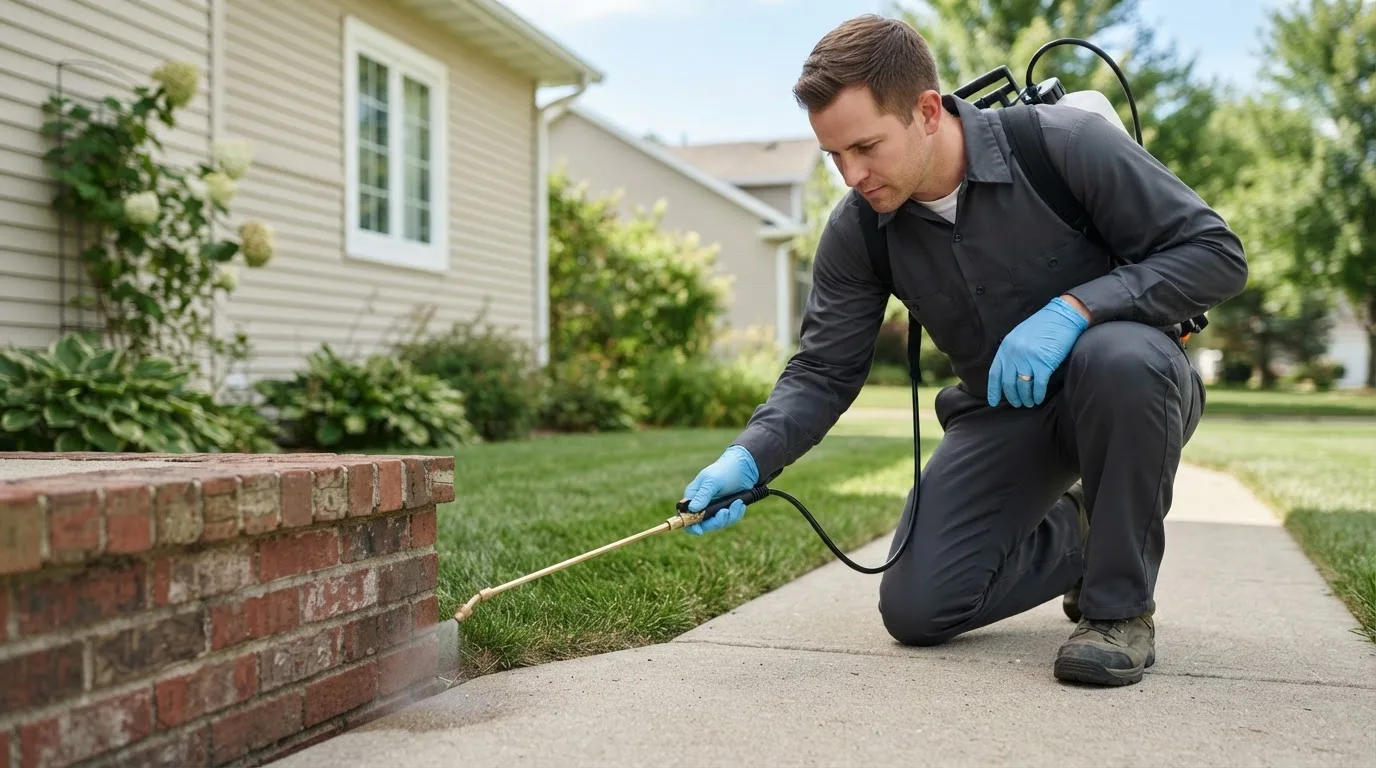 Pest control technician treating a home near Bogata, TX
