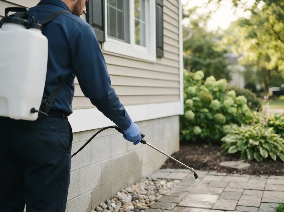 Pest control technician inspecting a home in Bogata, TX